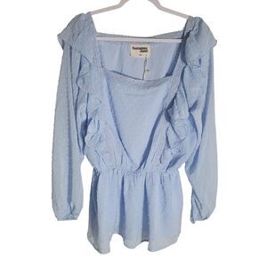 NEW Savanna Jane Ruffle Blouse Women's Plus Size 1X Blue Swiss Dot Peasant Boho